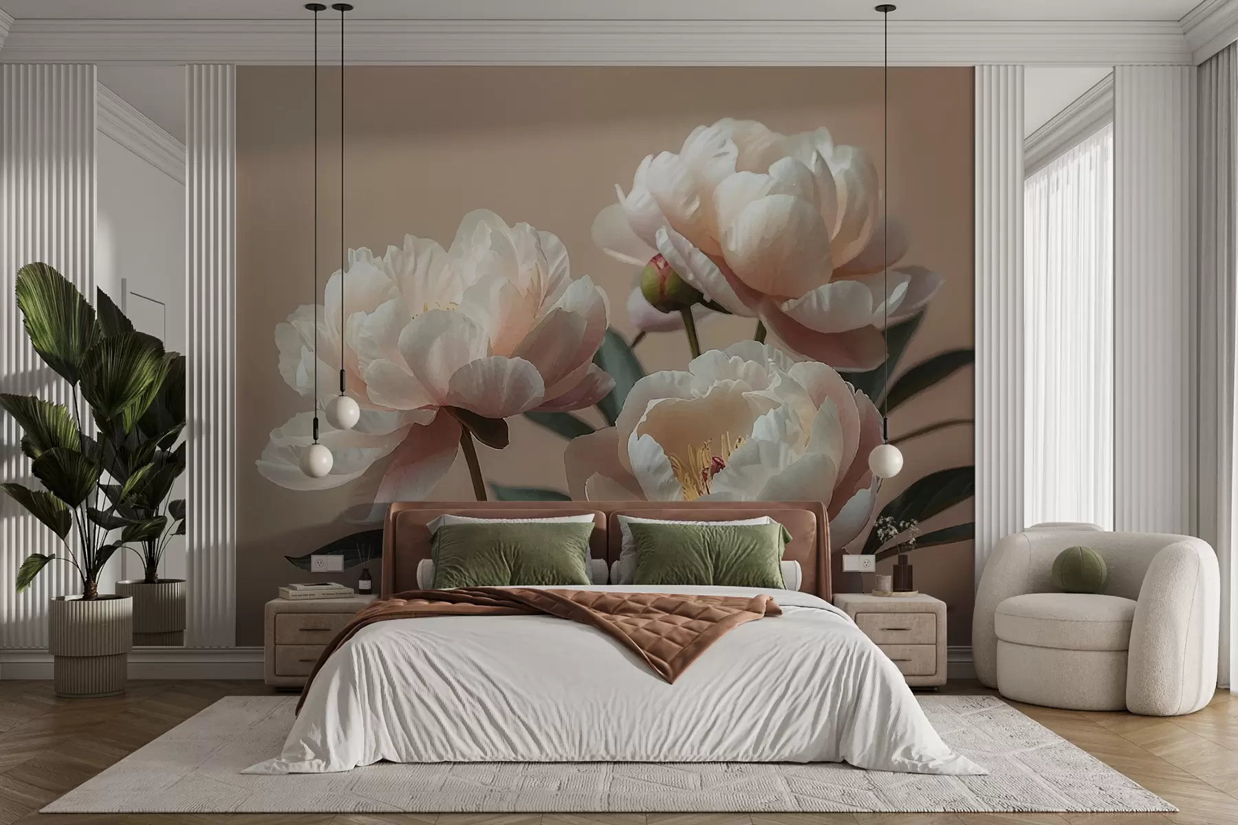 murales de pared Flores de peonía, beige, lechosas. w01510