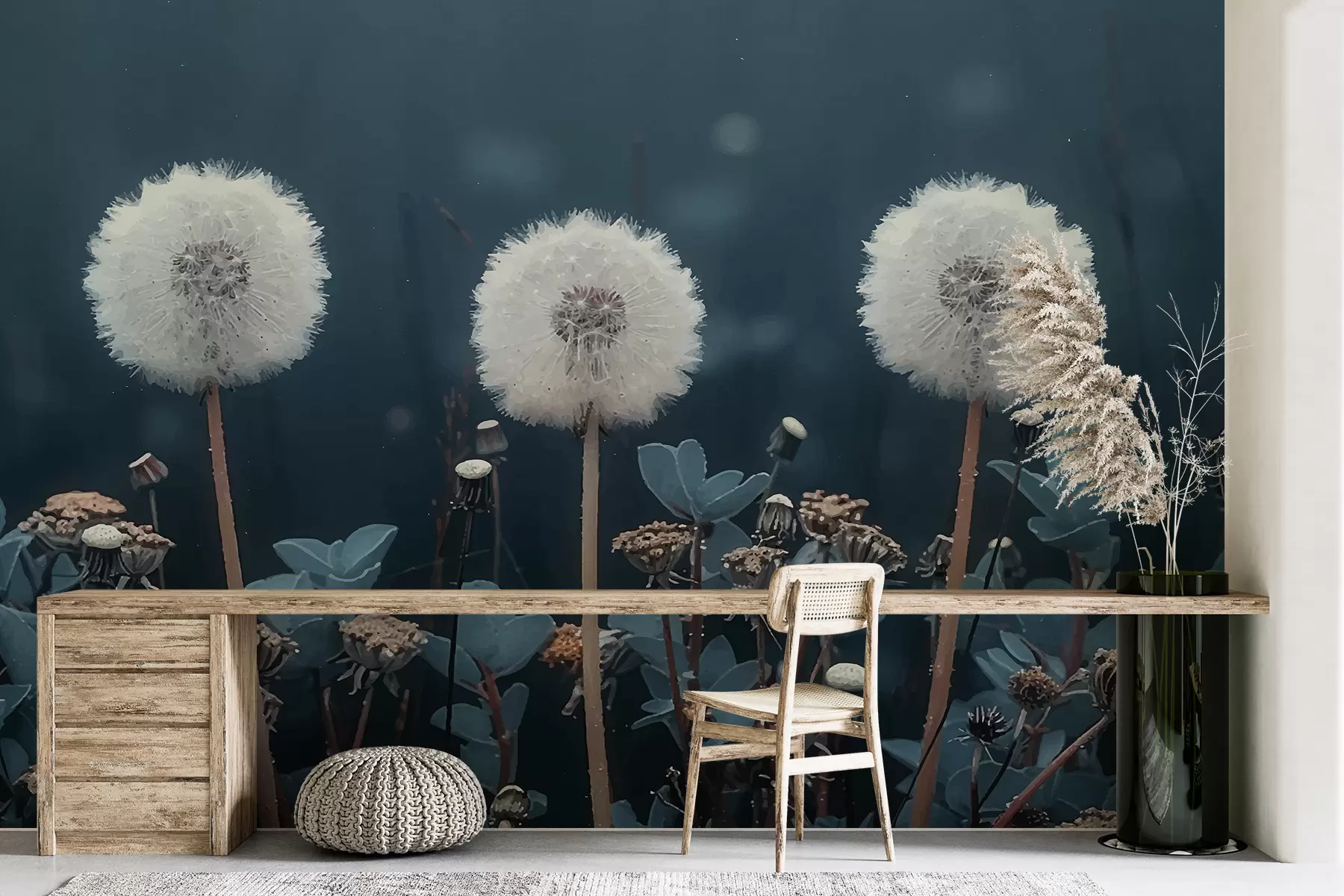 murales de pared Dientes de león, azul, tres dientes de león w01512