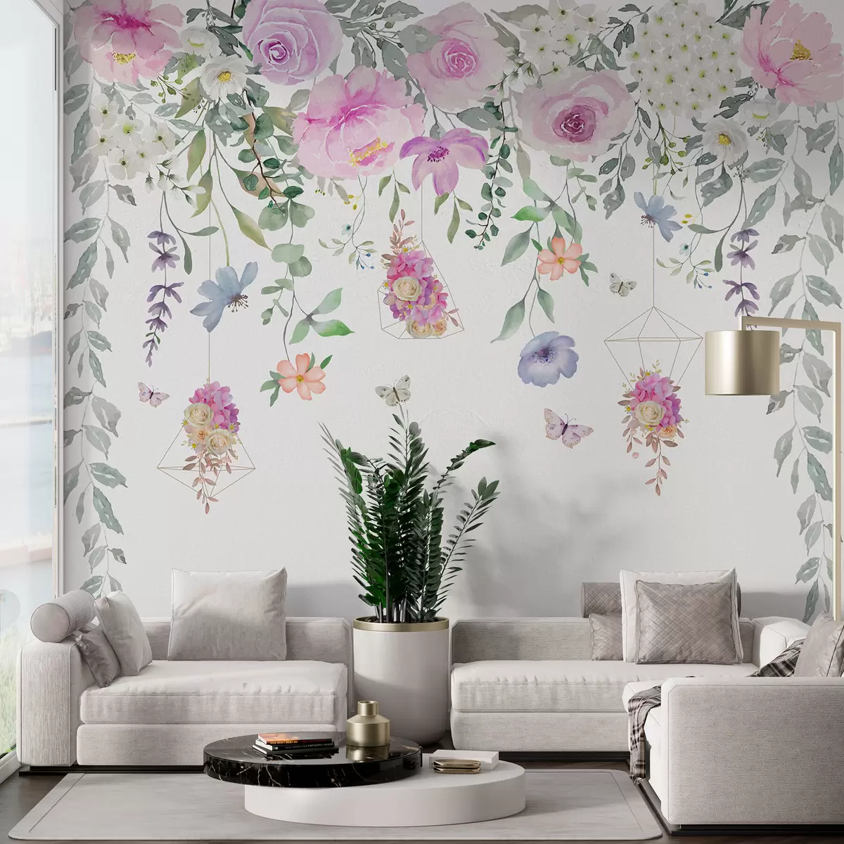 murales de pared Flores colgantes, adornos florales y mariposas. w01517