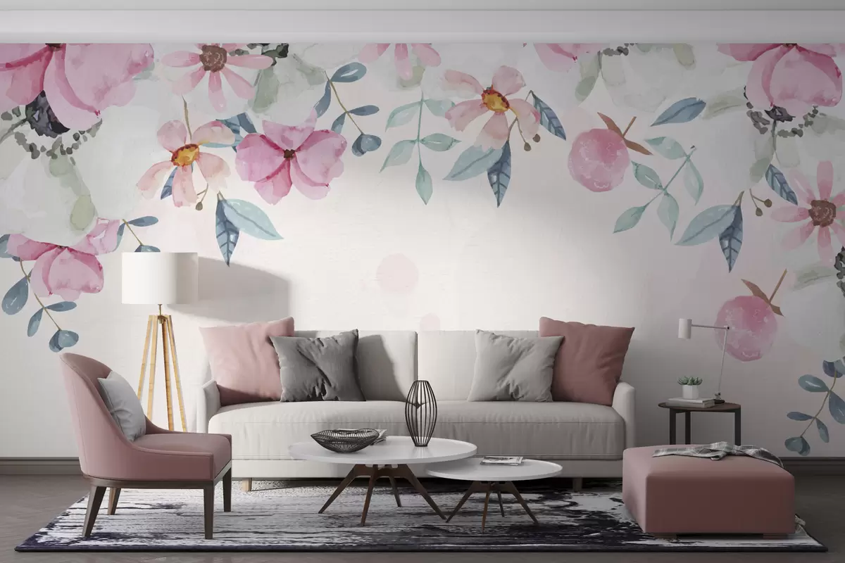 murales de pared flores grandes, flores desde arriba, flores silvestres, acuarela w01034