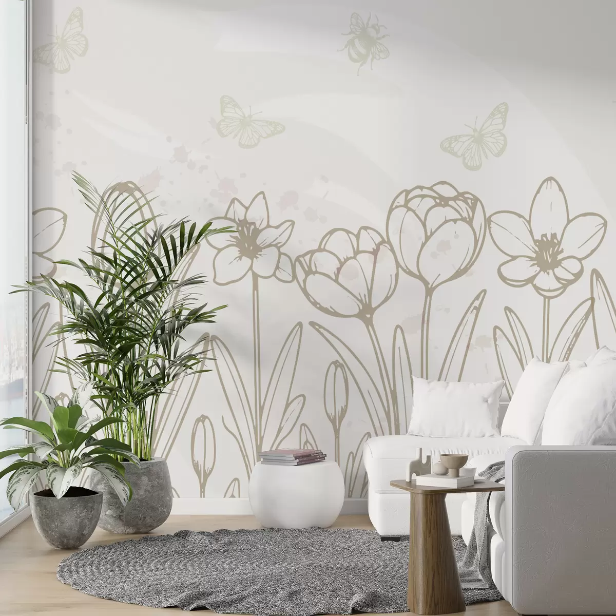 murales de pared Flores pintadas, tulipanes, flores sobre fondo gris. w01035