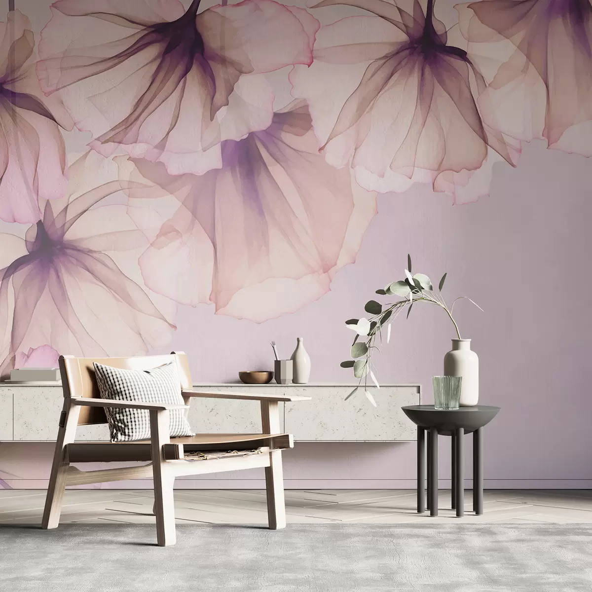 murales de pared delicadas flores translúcidas, flores rosas, flores desde arriba w01080