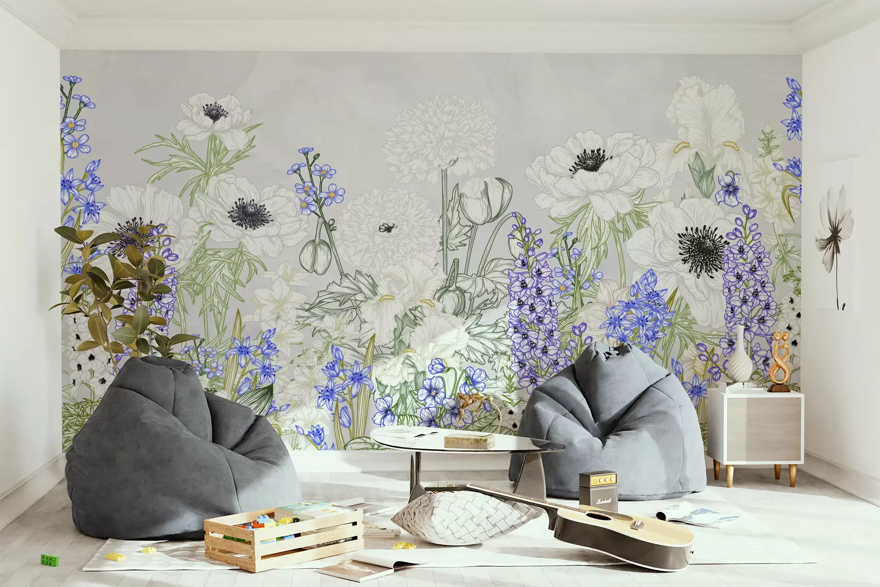 murales de pared Flores silvestres pintadas, flores azules y blancas, sobre fondo gris. w01081