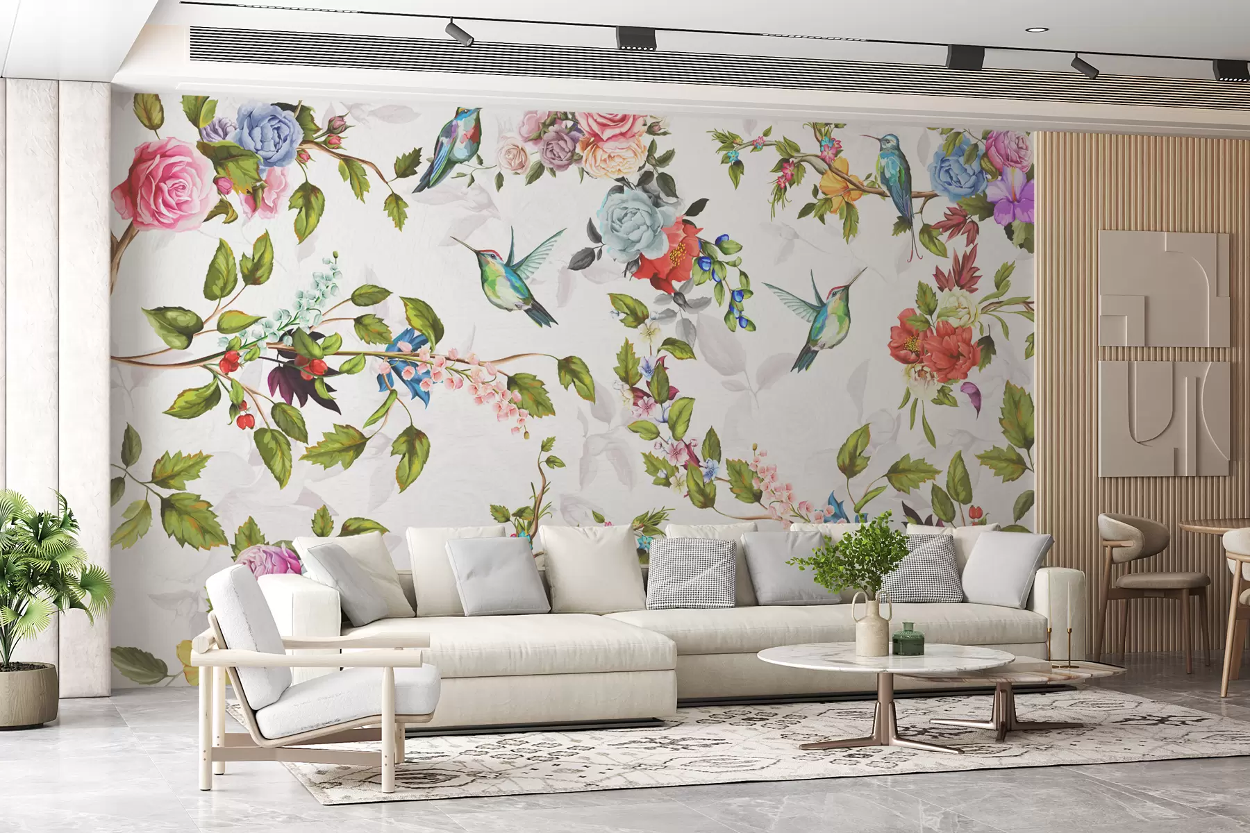 murales de pared ramas con flores brillantes y pájaros w01083