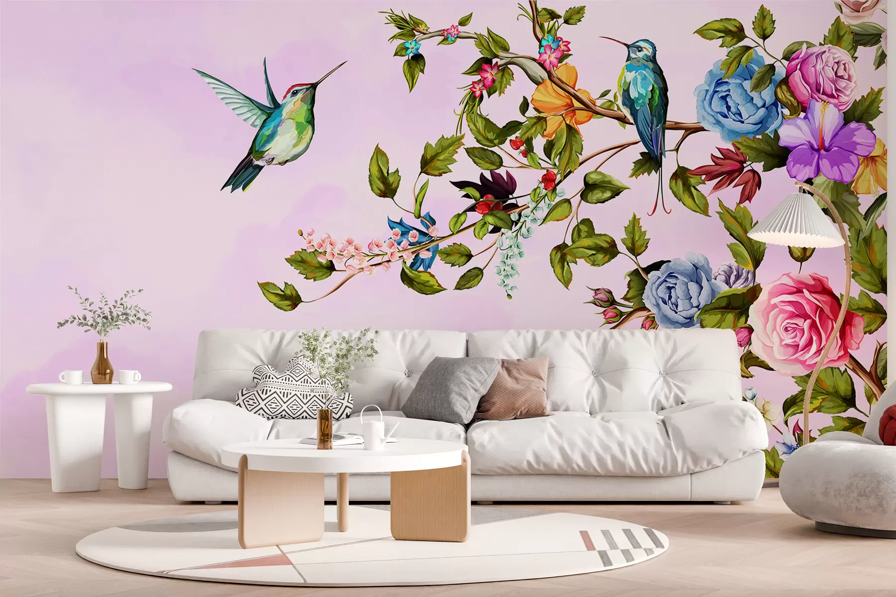 murales de pared Grandes ramas con flores brillantes sobre un fondo rosa w01084