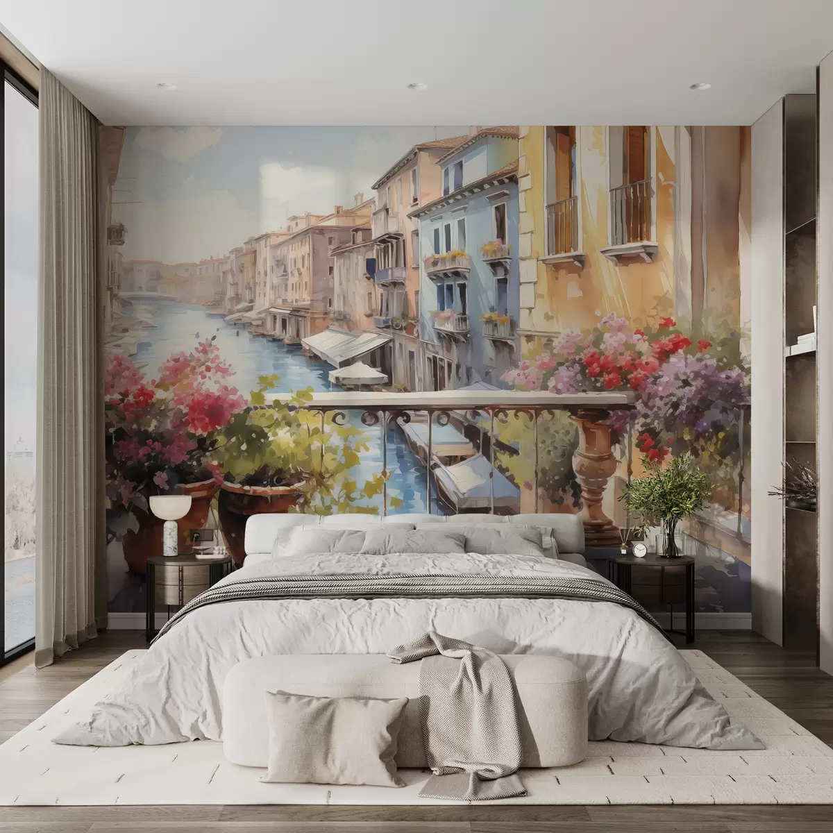 murales de pared Flores en macetas en un balcón de Venecia acuarela w01052