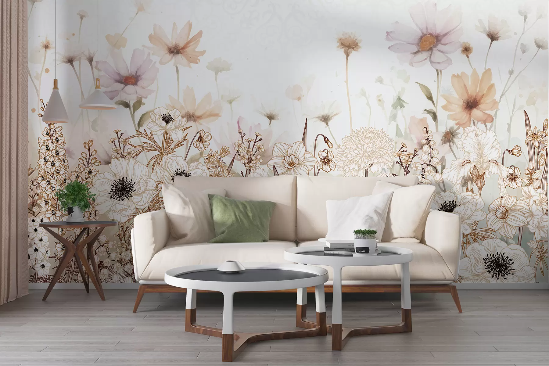 murales de pared Un campo de flores y follaje blanco, beige y rosa sobre un fondo floral suave y difuminado w08259