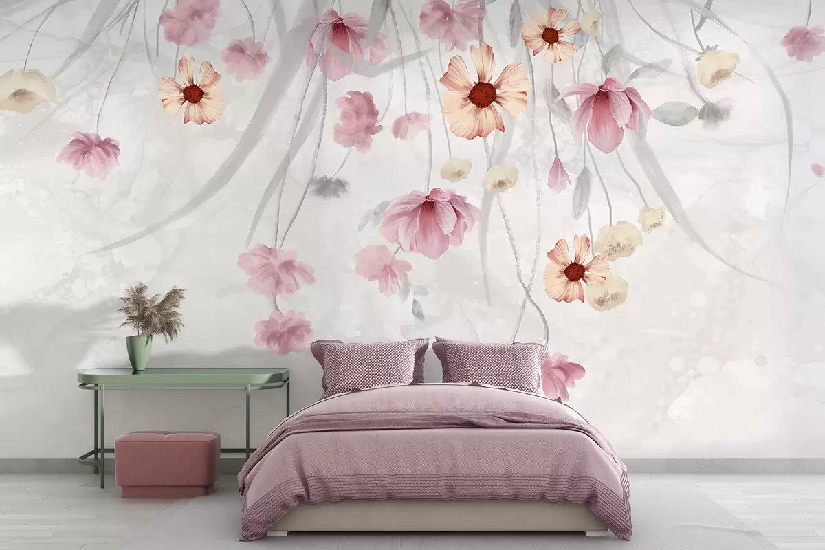 murales de pared Delicadas flores de color rosa pastel y amarillo con centros amarillos que caen en cascada sobre un fondo suave y difuminado w08261v1