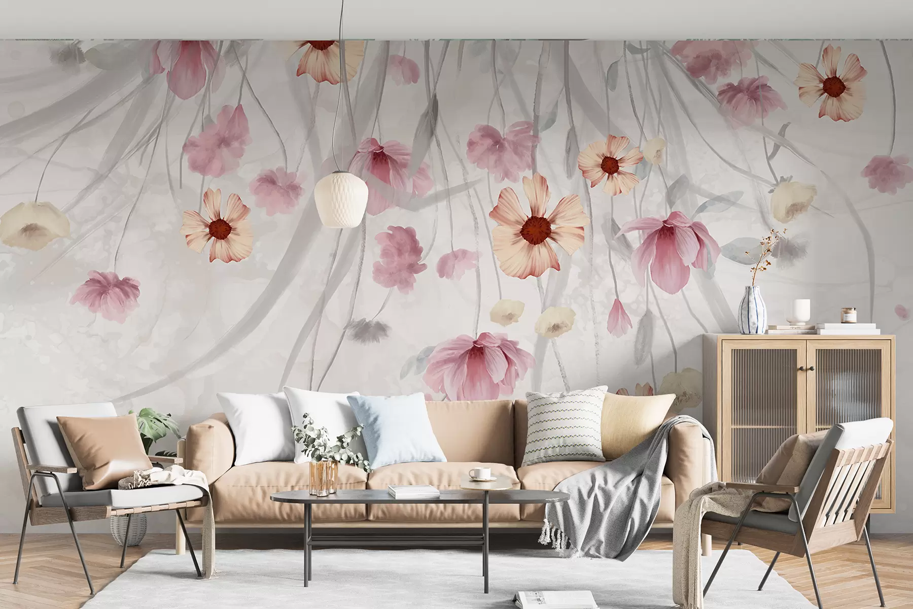 murales de pared Delicadas flores de color rosa pastel y amarillo con centros amarillos que caen en cascada sobre un fondo suave y difuminado w08261v1