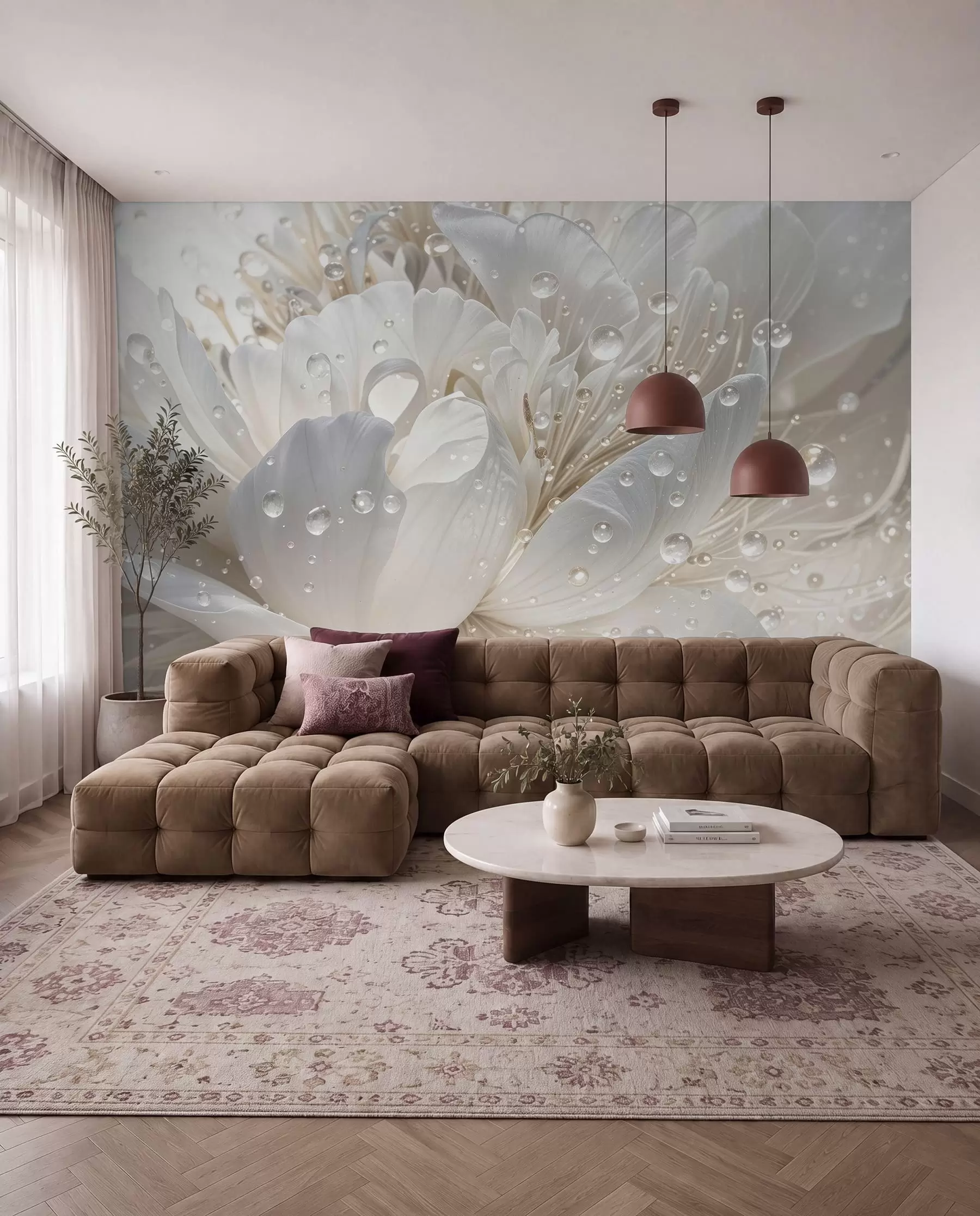 murales de pared Rocío en pétalos blancos w08262