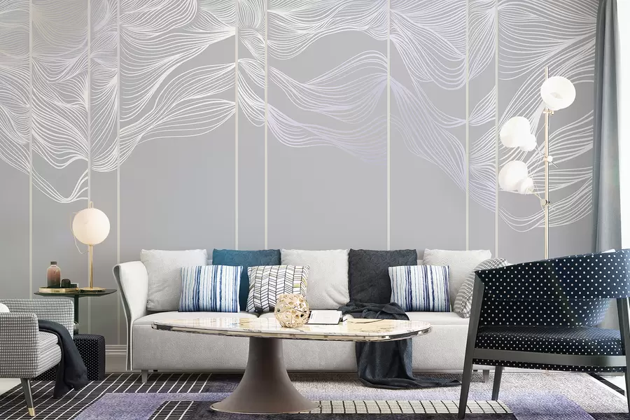 murales de pared Ondas abstractas de líneas blancas sobre fondo gris claro w08263v1