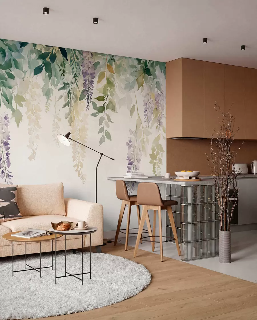 murales de pared Adorno de flor de glicina, floral, acuarela, colores naturales w01545