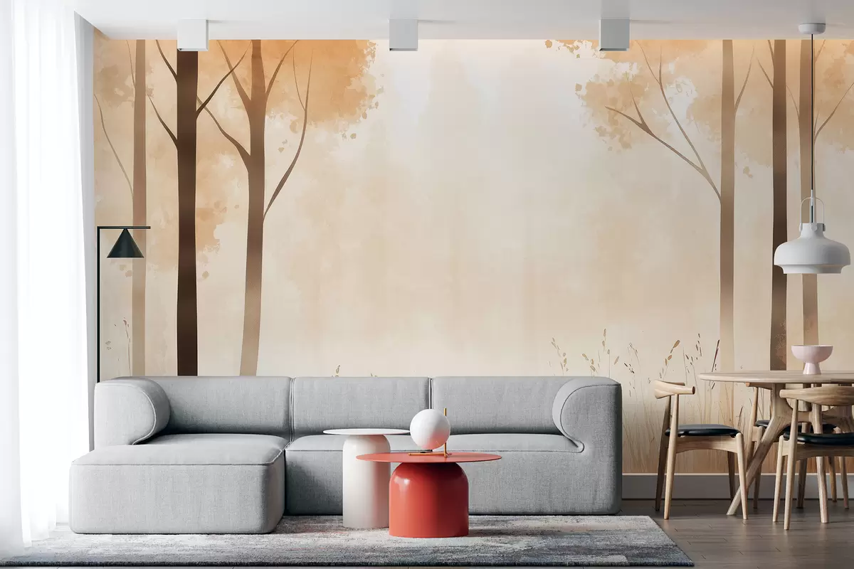 murales de pared Acuarela bosque, niebla, árboles, hierba, paisaje natural, color beige w01563