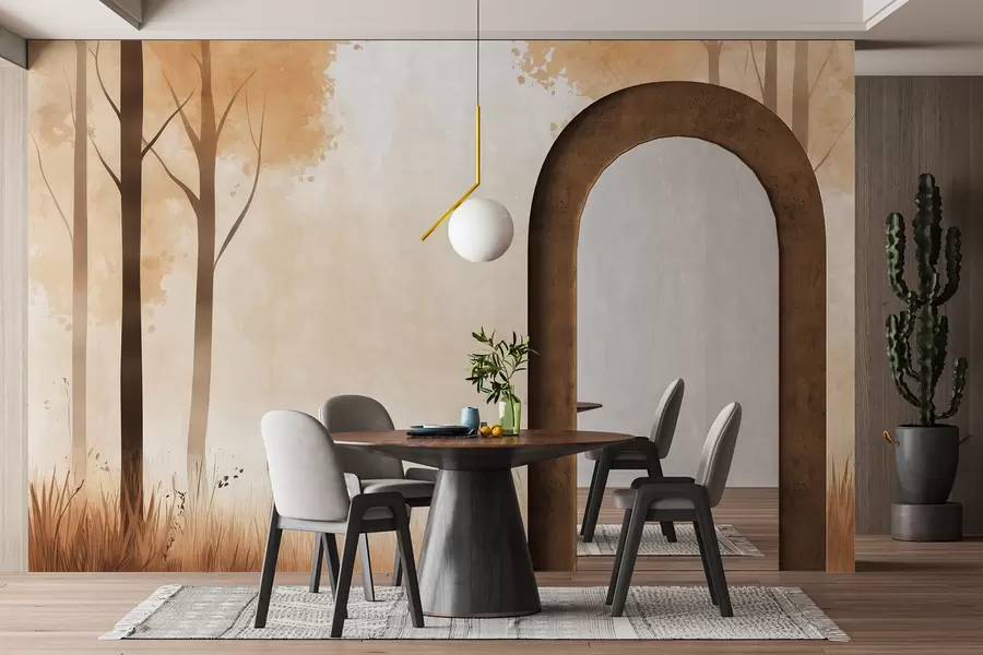 murales de pared Acuarela bosque, niebla, árboles, hierba, paisaje natural, color beige w01563