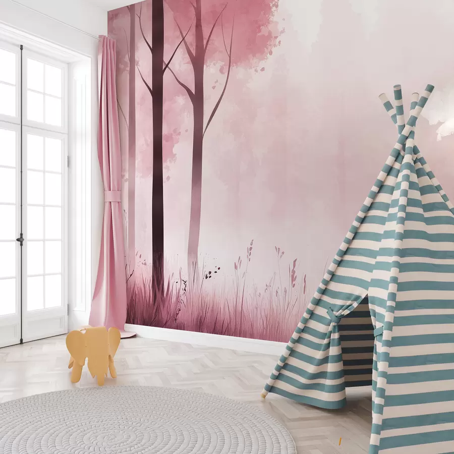 murales de pared Acuarela bosque, niebla, árboles, hierba, paisaje natural, color rosa w01563v1