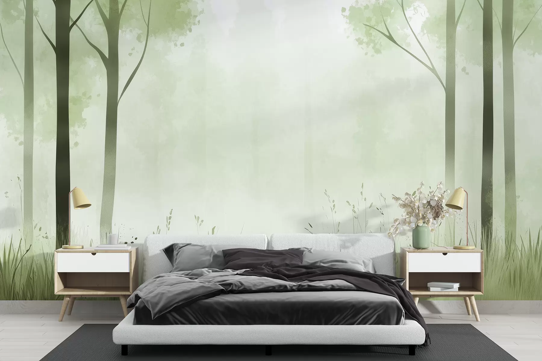 murales de pared Acuarela bosque, niebla, árboles, hierba, paisaje natural, color verde w01563v2