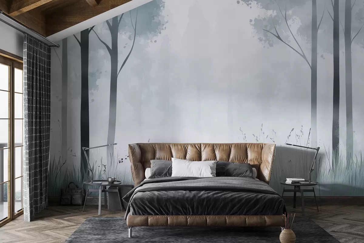 murales de pared Acuarela bosque, niebla, árboles, hierba, paisaje natural, color gris w01563v3