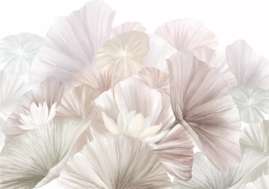 murales de pared Delicadas hojas de loto rosa con flores blancas de pétalos suaves y plumosos dispuestas en una composición artística natural w08265v1