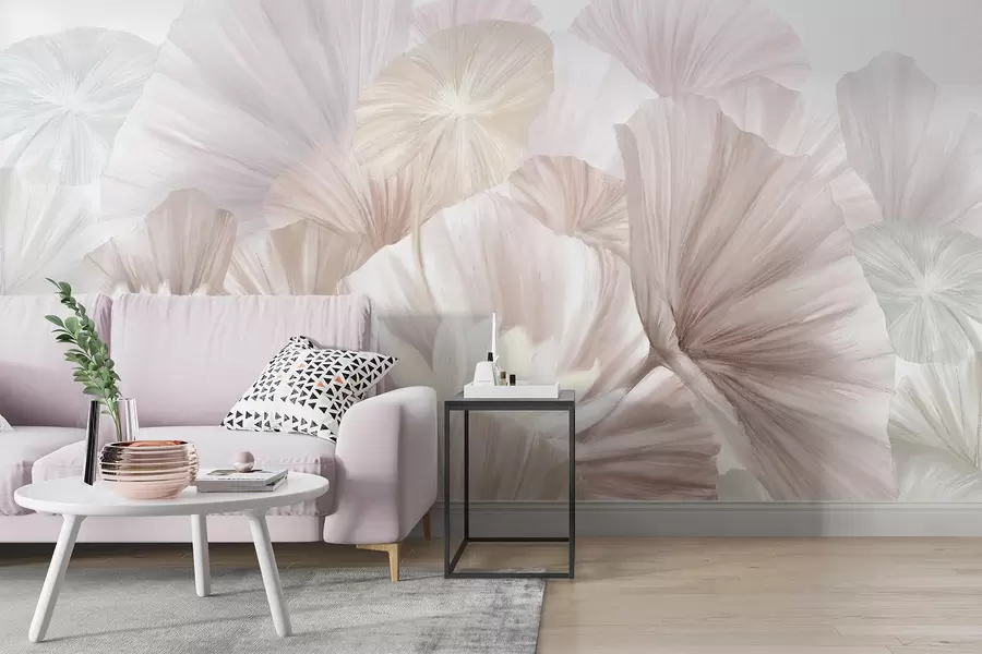 murales de pared Delicadas hojas de loto rosa con flores blancas de pétalos suaves y plumosos dispuestas en una composición artística natural w08265v1