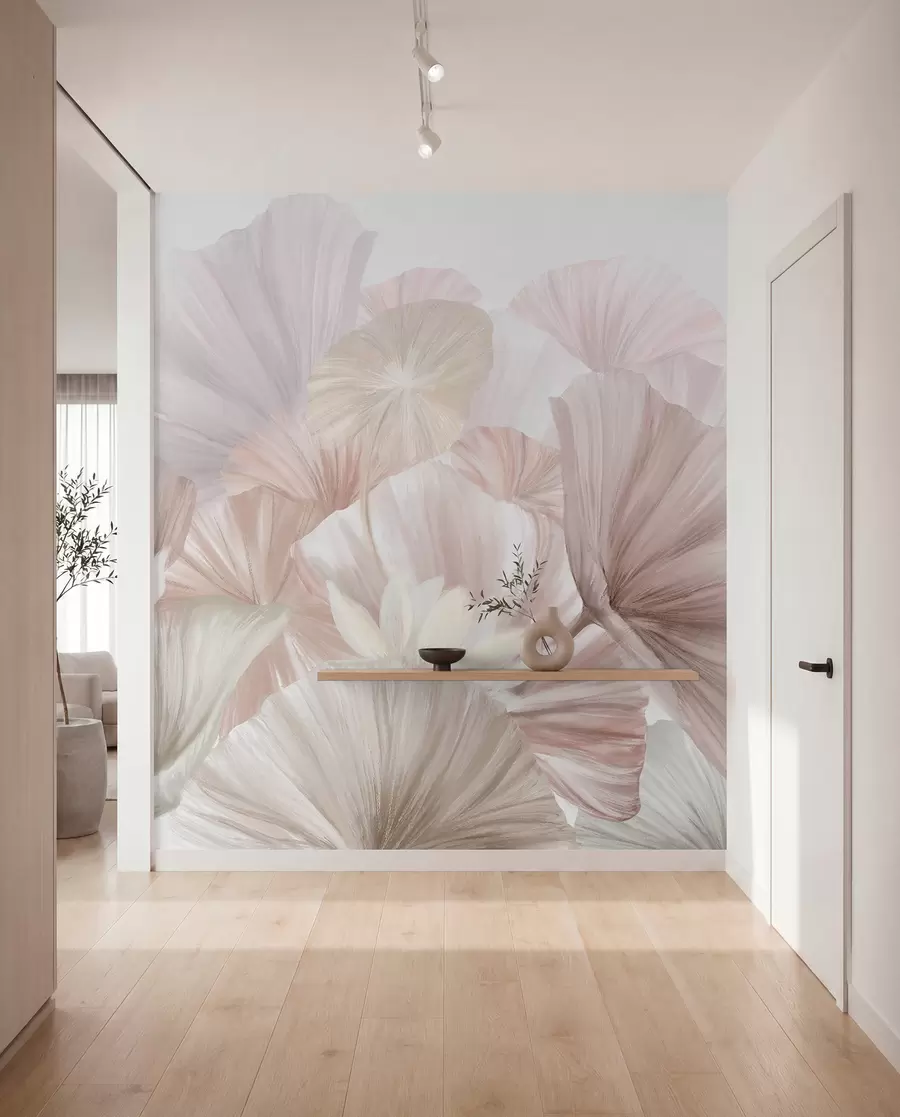 murales de pared Delicadas hojas de loto rosa con flores blancas de pétalos suaves y plumosos dispuestas en una composición artística natural w08265v1
