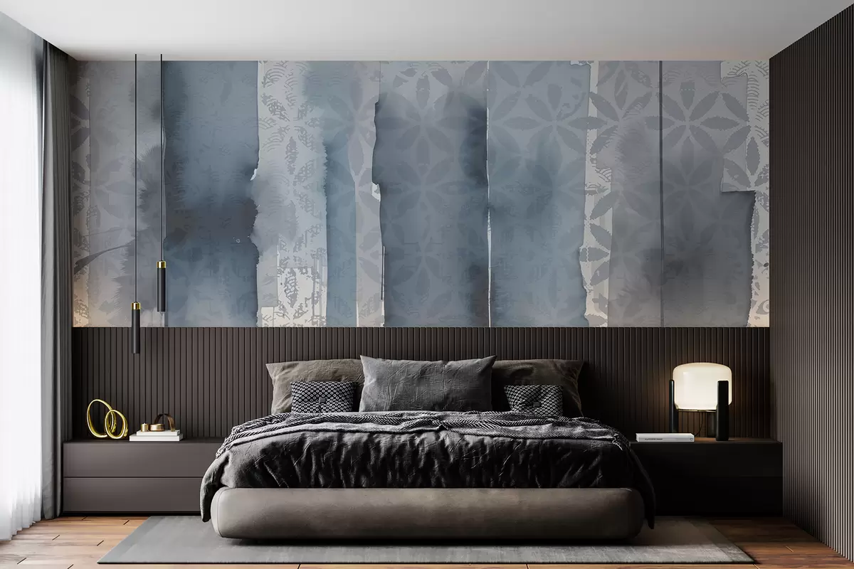 murales de pared Estampado abstracto en acuarela con grandes pinceladas azules y motivo vintage  w08267