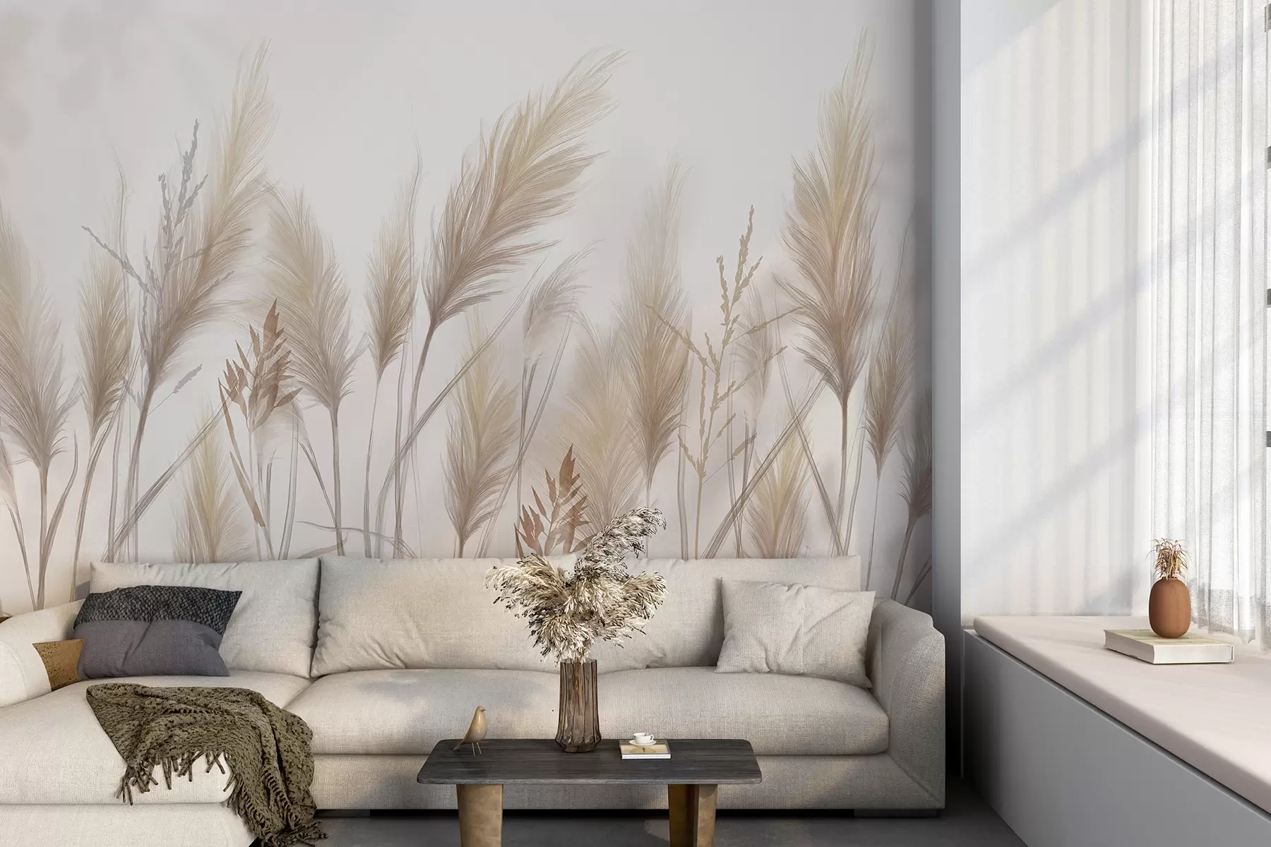 murales de pared Altas espiguillas de hierba beige mecidas por el viento sobre un fondo suave y claro w08268