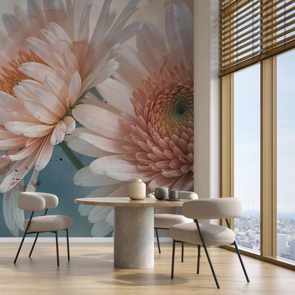 murales de pared Flores de margarita gerbera de color rosa suave con delicados pétalos y textura sobre un fondo azul claro  w08272