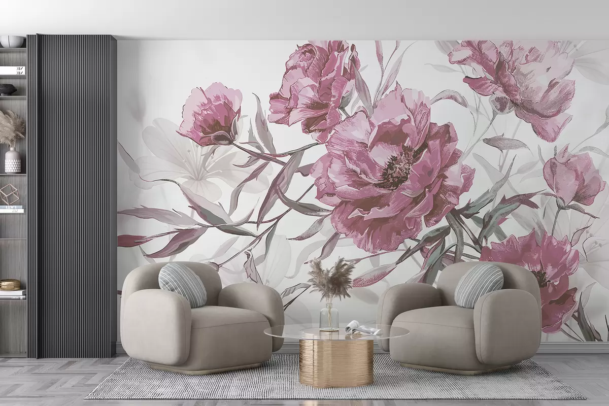 murales de pared Pintura de peonías rosas con exuberante follaje sobre un fondo abstracto claro  w08274