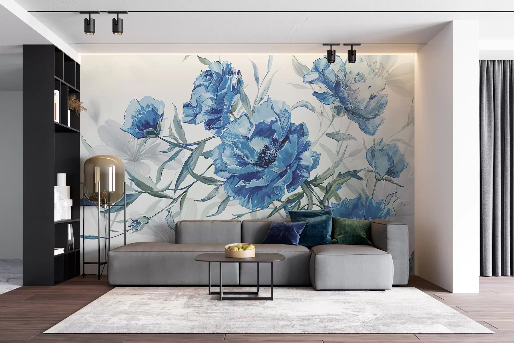 murales de pared Pintura de peonías azules con exuberante follaje sobre un fondo abstracto claro  w08274v1
