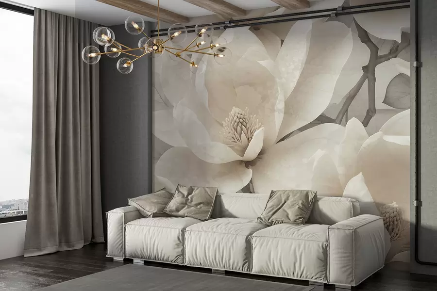 murales de pared Flores blancas de magnolia en plena floración, con pétalos suaves y delicados y un fondo natural texturizado w08278