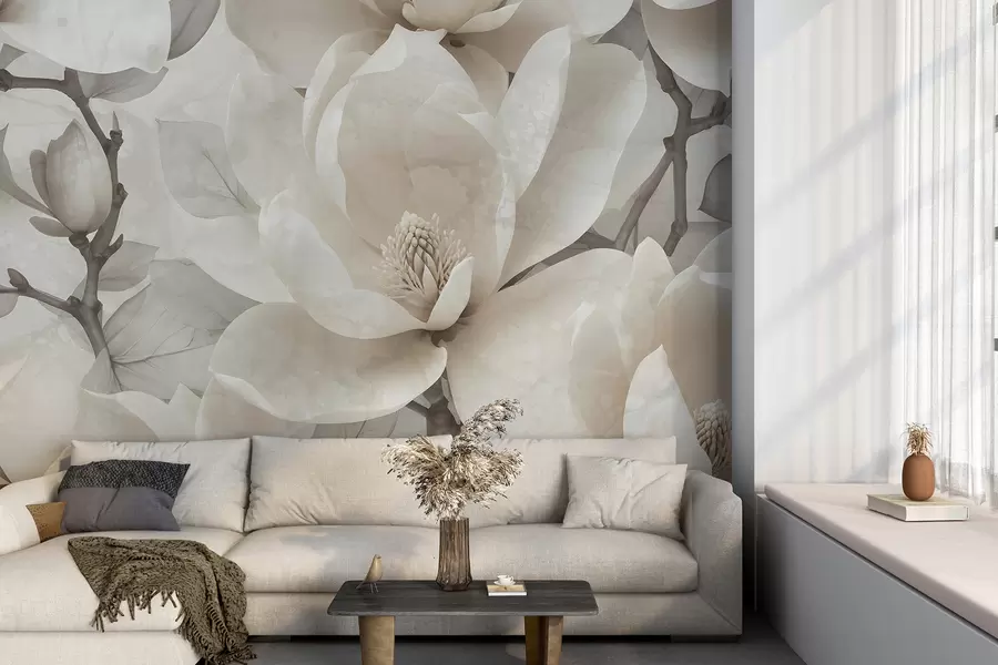 murales de pared Flores blancas de magnolia en plena floración, con pétalos suaves y delicados y un fondo natural texturizado w08278