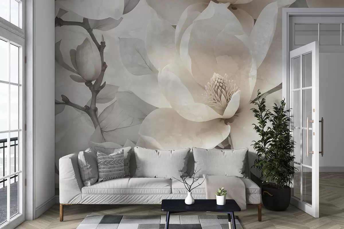 murales de pared Flores blancas de magnolia en plena floración, con pétalos suaves y delicados y un fondo natural texturizado w08278