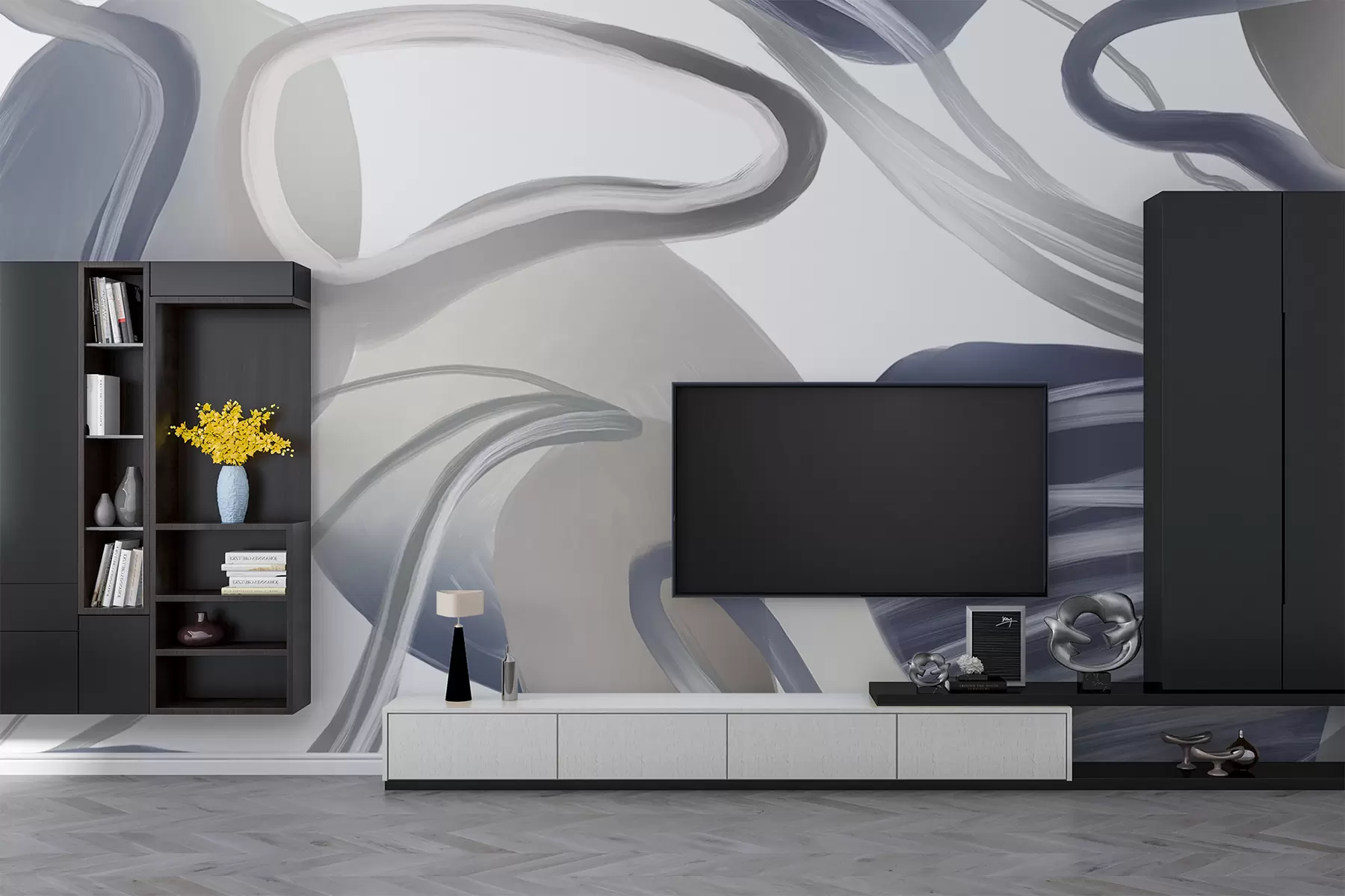 murales de pared Formas y curvas abstractas arremolinadas en tonos azul oscuro que crean una composición dinámica y fluida w08279v1