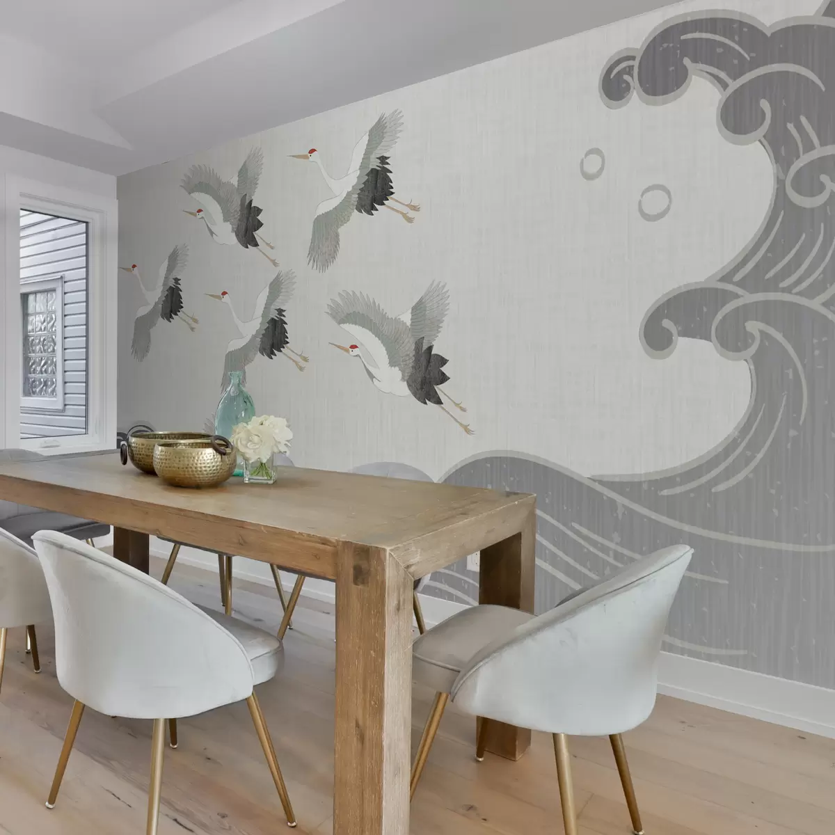 murales de pared grullas, ola gris, estilo japonés w01595