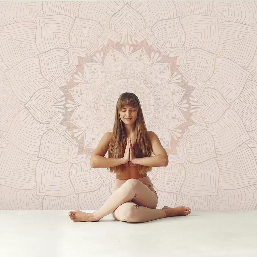 murales de pared Mandala redondo, papel pintado para espacio de yoga o para armonizar el espacio personal. Mandala mural en cálidos colores pastel sobre fondo irregular texturizado w01088