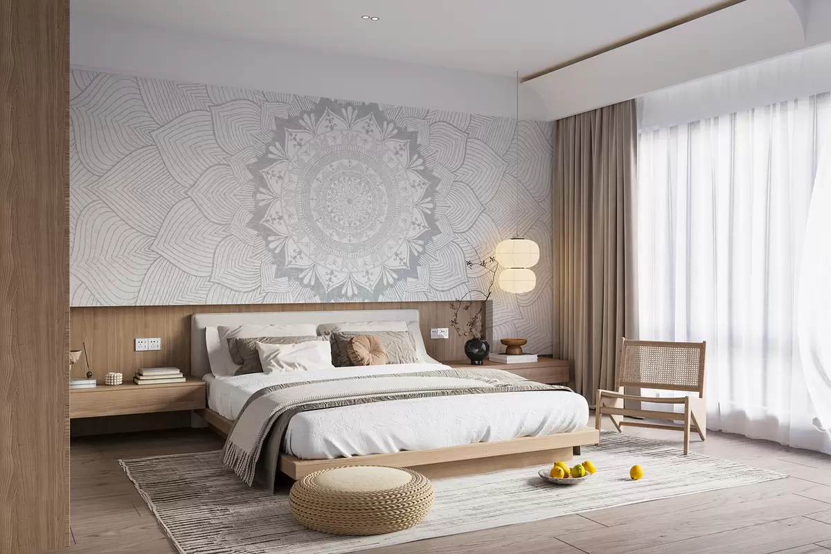 murales de pared Mandala redondo, papel pintado para espacio de yoga o para armonizar el espacio personal. Mandala mural en tonos grises sobre fondo heterogéneo texturado w01088v2