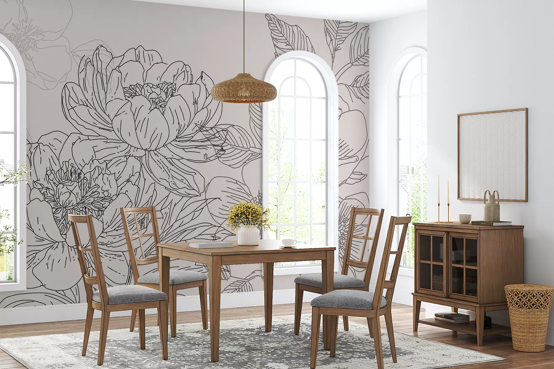 murales de pared Flores lineales de color negro w01530v1