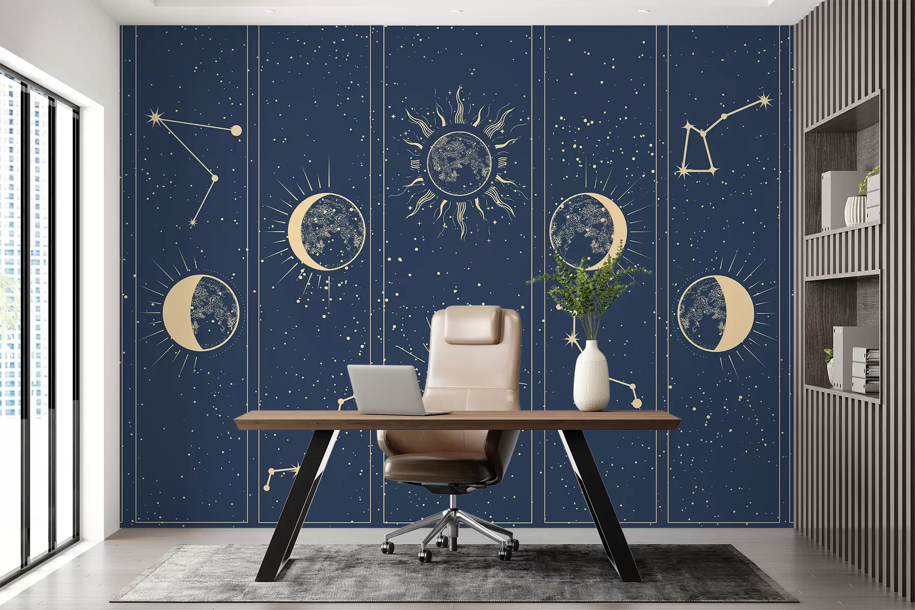 murales de pared Fase lunar, sol, fondo azul w01537