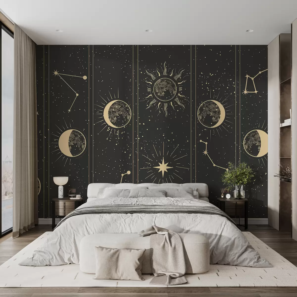 murales de pared Fase lunar, sol, fondo marrón oscuro w01537v1