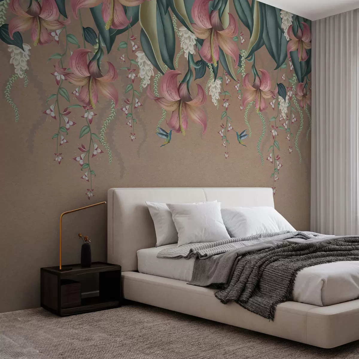 murales de pared Delicado motivo botánico con lirios colgantes, flores y colibríes en una pared grunge w01523