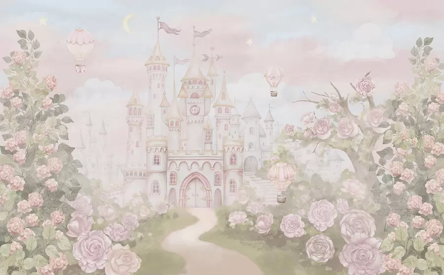 murales de pared Castillo mágico con grandes flores y árboles w01524