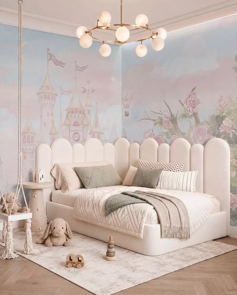 murales de pared Castillo mágico con grandes flores y árboles w01524