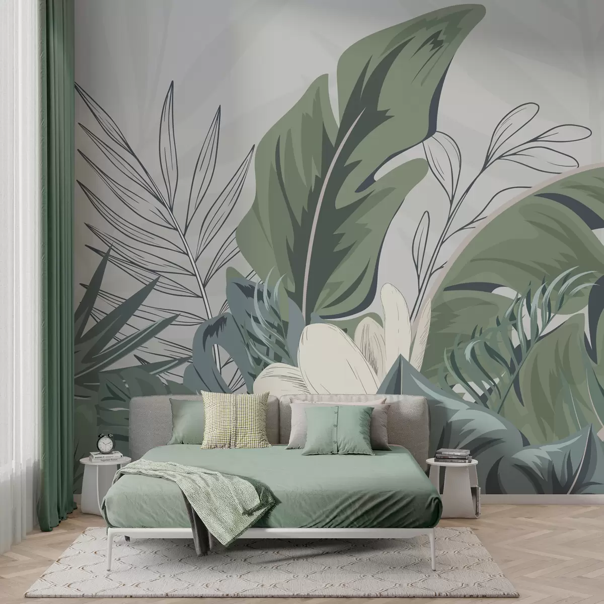 murales de pared Papel pintado Bosque tropical verde de hojas de monstera, palmeras, ramas w01598