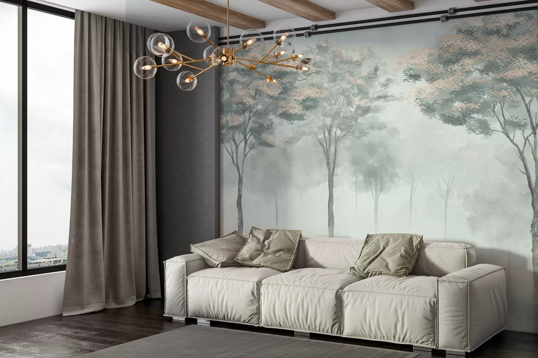 murales de pared Silueta de bosque brumoso en colores verde, gris claro y beige w01599