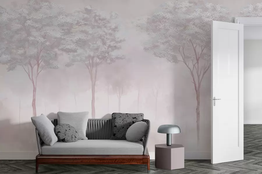 murales de pared Silueta de bosque brumoso en suave color rosa w01599v1