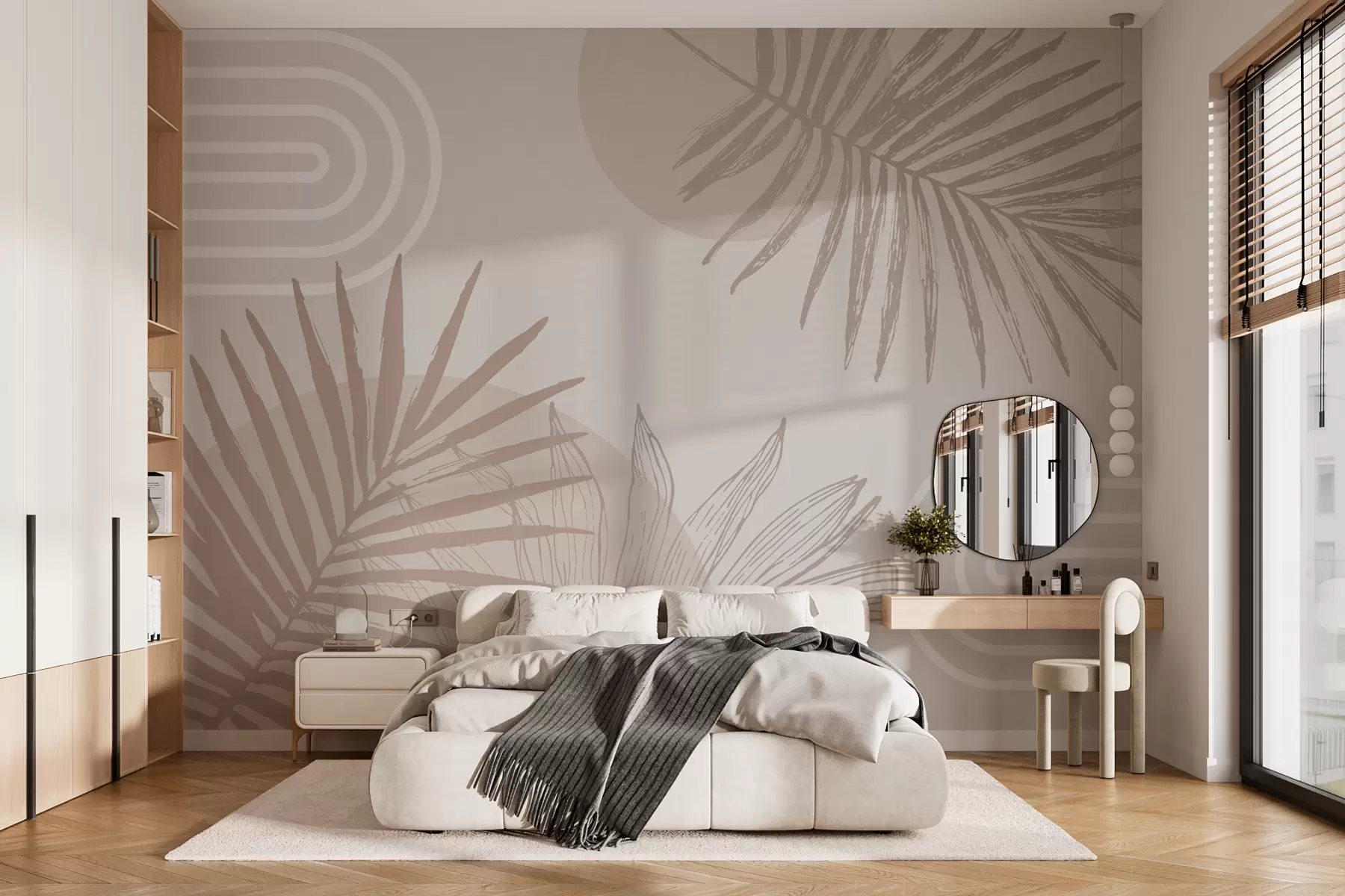 murales de pared Papel pintado geométrico con hojas de palmera en estilo boho w01601