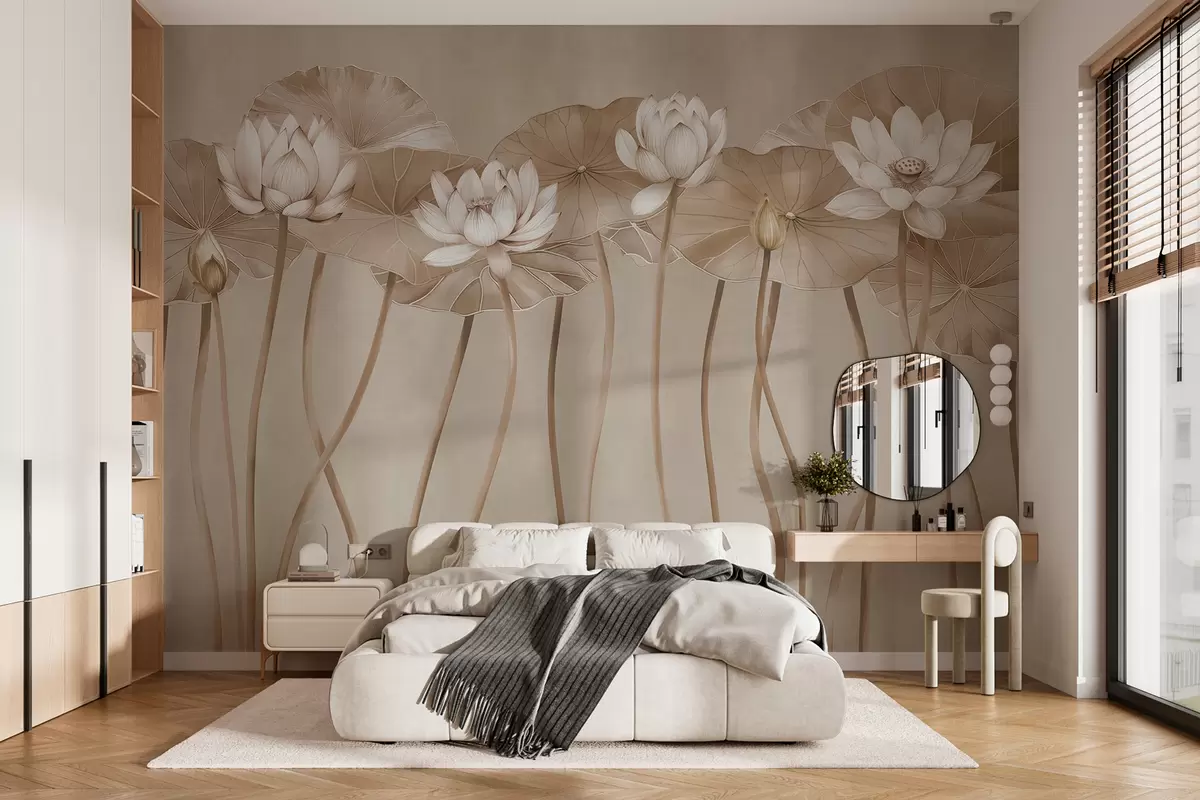 murales de pared Flores y hojas de loto beige  w01622v3