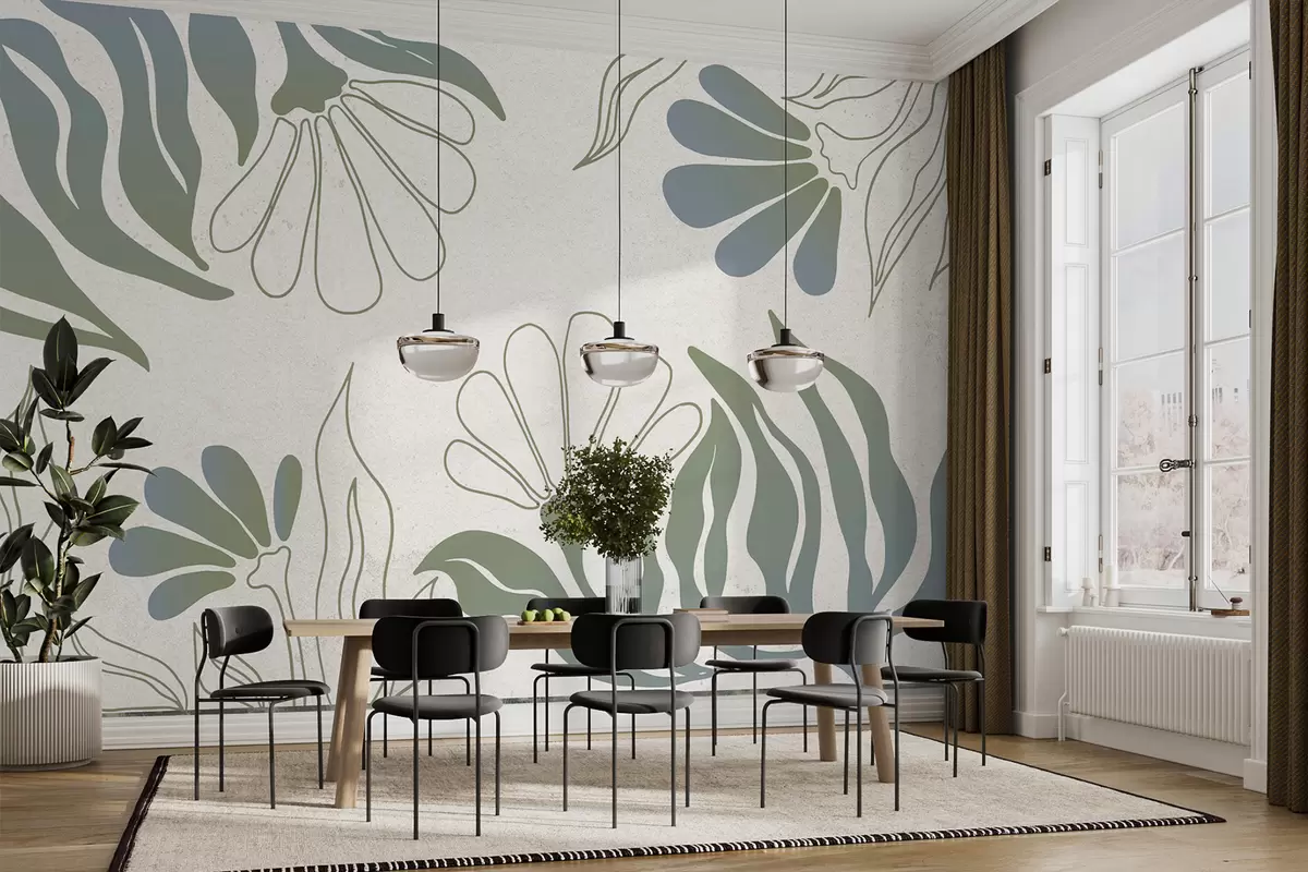murales de pared Flores geométricas, dibujo lineal, abstracción, colores verde y beige w01628v1