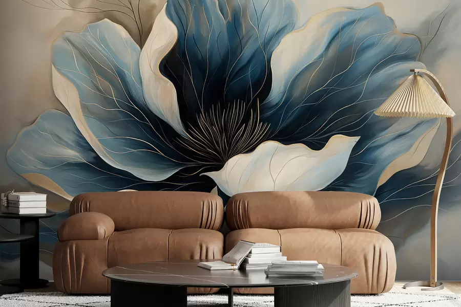 murales de pared Flor grande y elegante con pétalos azul oscuro y blanco que fluyen profundamente w01538