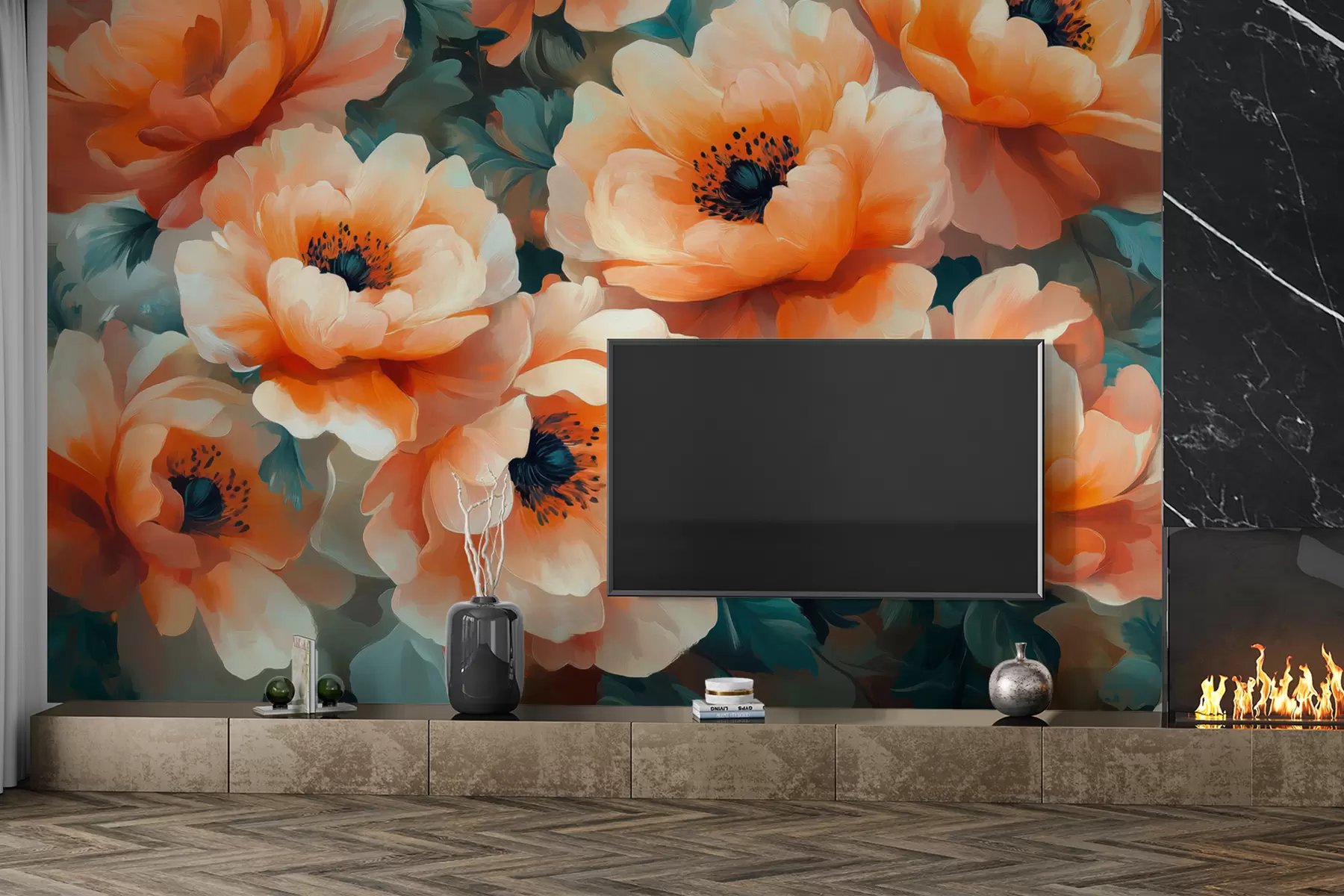 murales de pared Estilo de pintura al óleo floral basado en el color melocotón, flores extra grandes w01582